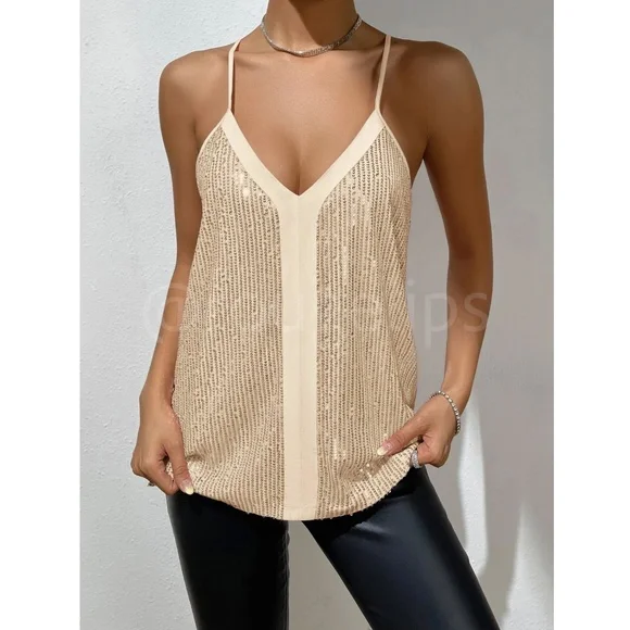 Sequin Detail Champagne Gold Cami Top - Picture 6 of 10